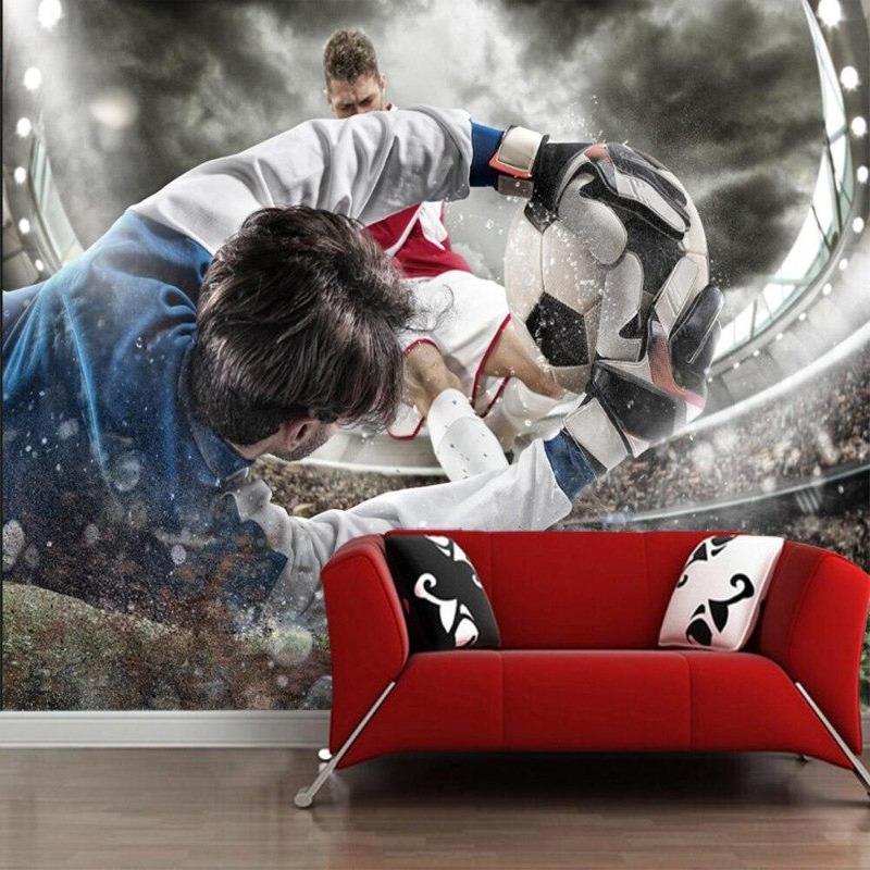 Soccer action mural displayed in game room setting, showing scale and dramatic impact of stadium scene