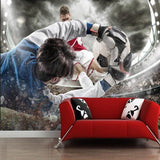 Soccer action mural displayed in game room setting, showing scale and dramatic impact of stadium scene