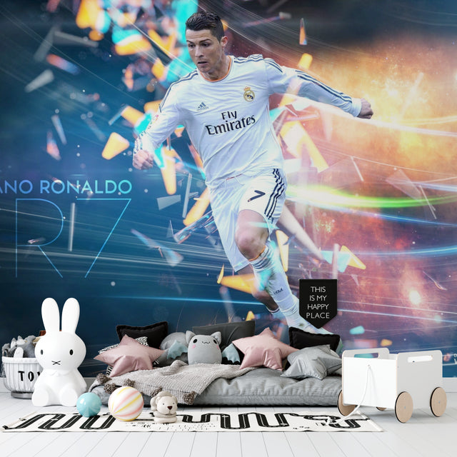 Football mural wallpaper styled in modern teen bedroom showing dynamic sports action