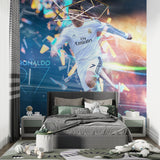 Sports action wallpaper displayed in game room with gaming setup