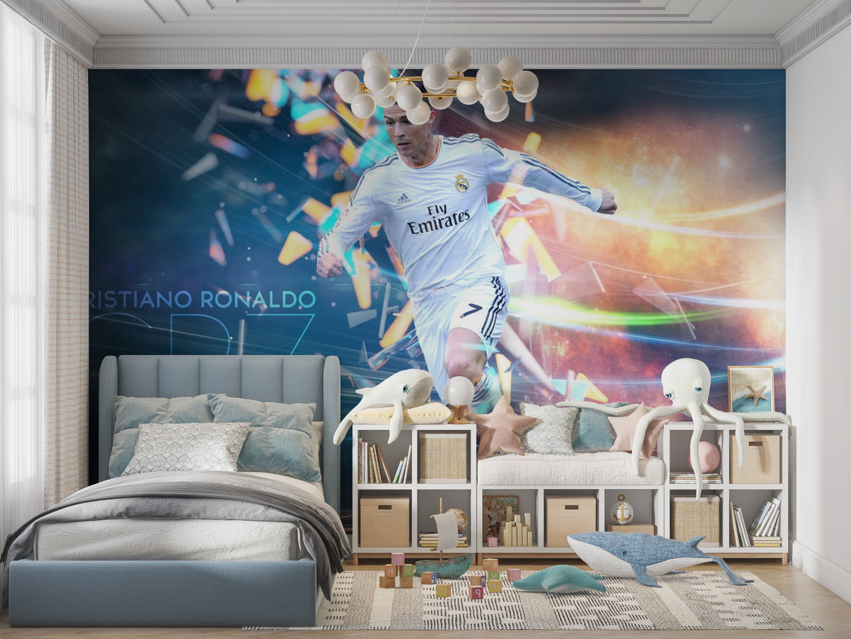 Sports themed wallpaper in living room with modern furniture