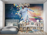 Sports themed wallpaper in living room with modern furniture