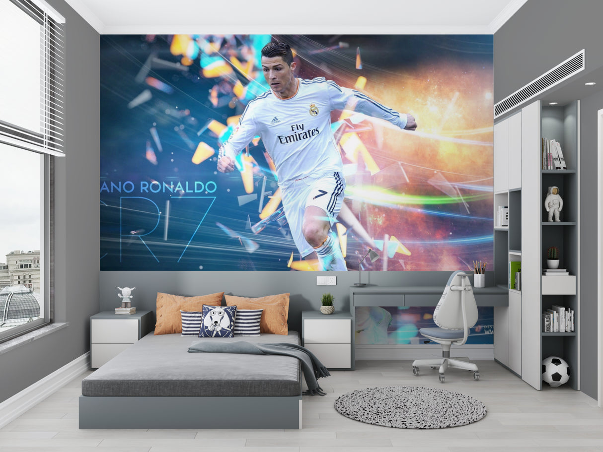 Dynamic football mural in sports bar setting