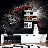 Football wallpaper mural showcased in modern teen bedroom with gaming setup