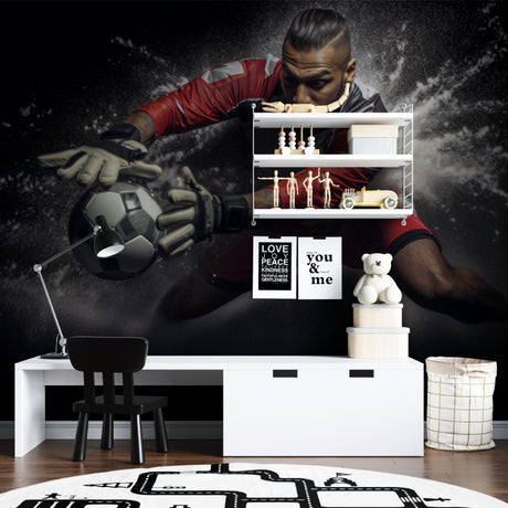 Football wallpaper mural showcased in modern teen bedroom with gaming setup