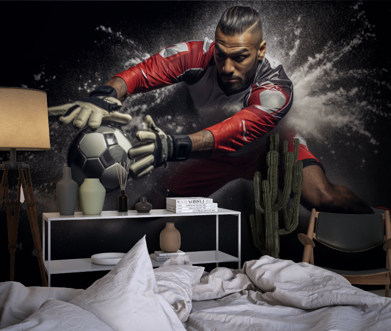 Dynamic football wallpaper displayed in contemporary living room