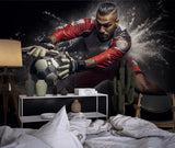 Dynamic football wallpaper displayed in contemporary living room