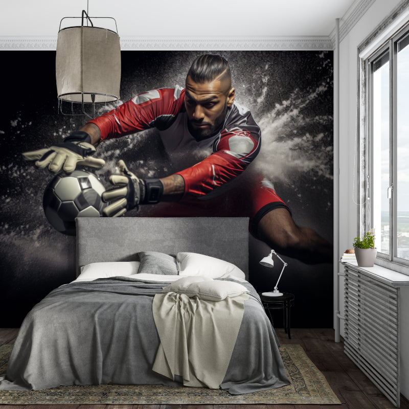 Soccer themed wallpaper transforming modern basement entertainment area