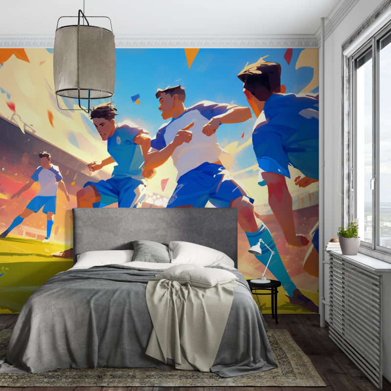 Football wall mural in modern gaming room showing dynamic players in action