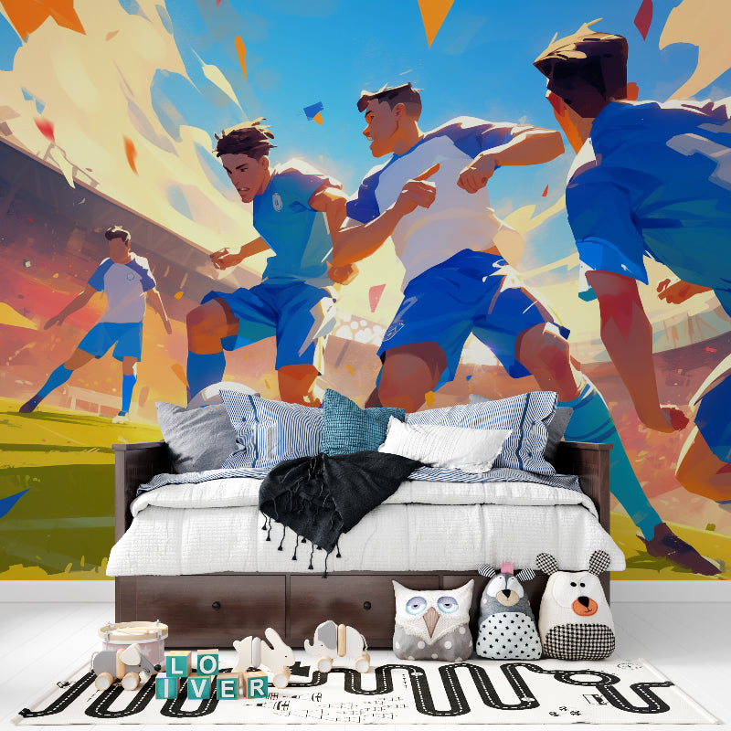 Soccer themed wallpaper installed in teenage bedroom with gaming setup