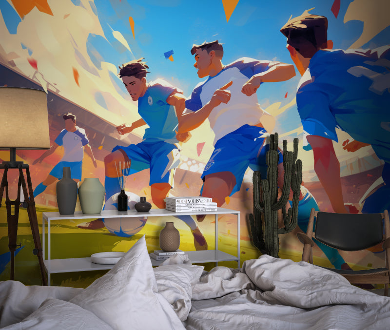 Sports wall mural bringing energy to kids playroom with football theme