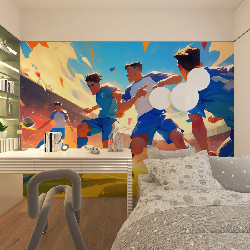 Soccer mural creating sporty atmosphere in modern recreation room