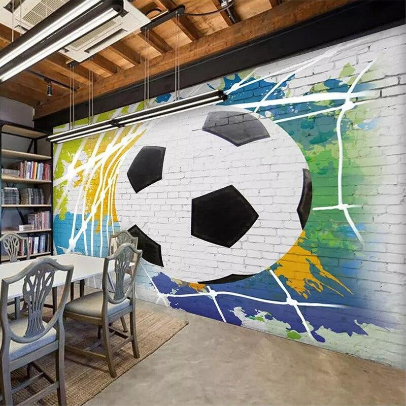 Soccer themed wallpaper displayed in family games room with sporty atmosphere