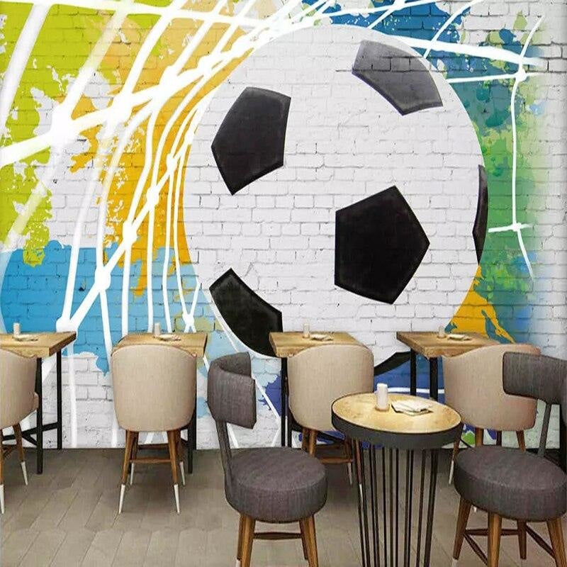 Sports wall mural featuring football design in kids playroom setting