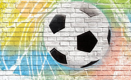 Design file of dynamic football mural with color splash effect on white brick background