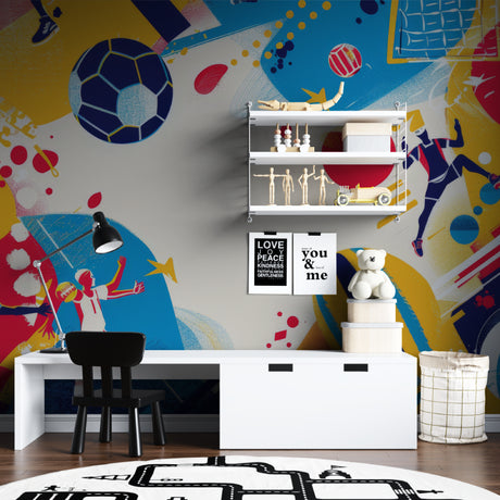 Football mural wallpaper bringing energy to modern kids bedroom with blue and yellow dynamic design