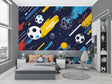 Football wallpaper creating sporty atmosphere in modern teen bedroom with blue and yellow accents