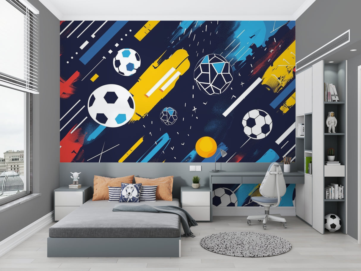 Football wallpaper creating sporty atmosphere in modern teen bedroom with blue and yellow accents