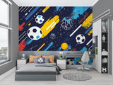 Football wallpaper creating sporty atmosphere in modern teen bedroom with blue and yellow accents