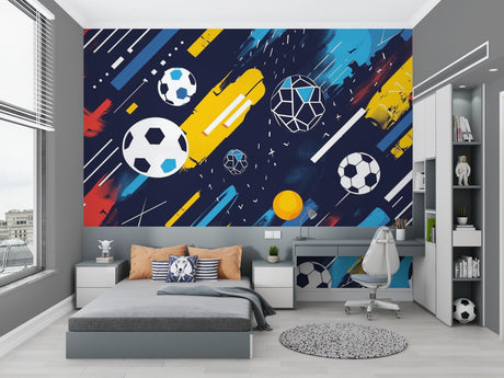 Football wallpaper creating sporty atmosphere in modern teen bedroom with blue and yellow accents