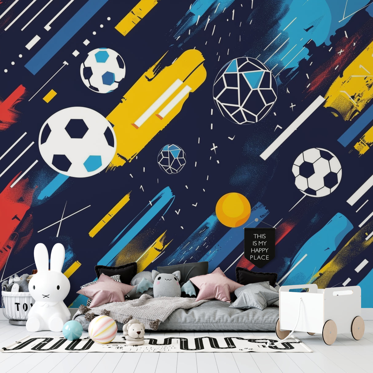 Soccer themed wall mural displayed in contemporary game room with gaming setup
