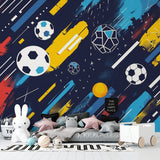 Soccer themed wall mural displayed in contemporary game room with gaming setup