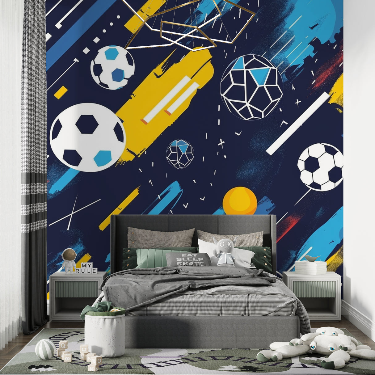 Sports wallpaper bringing energy to kids playroom with geometric patterns