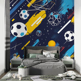 Sports wallpaper bringing energy to kids playroom with geometric patterns