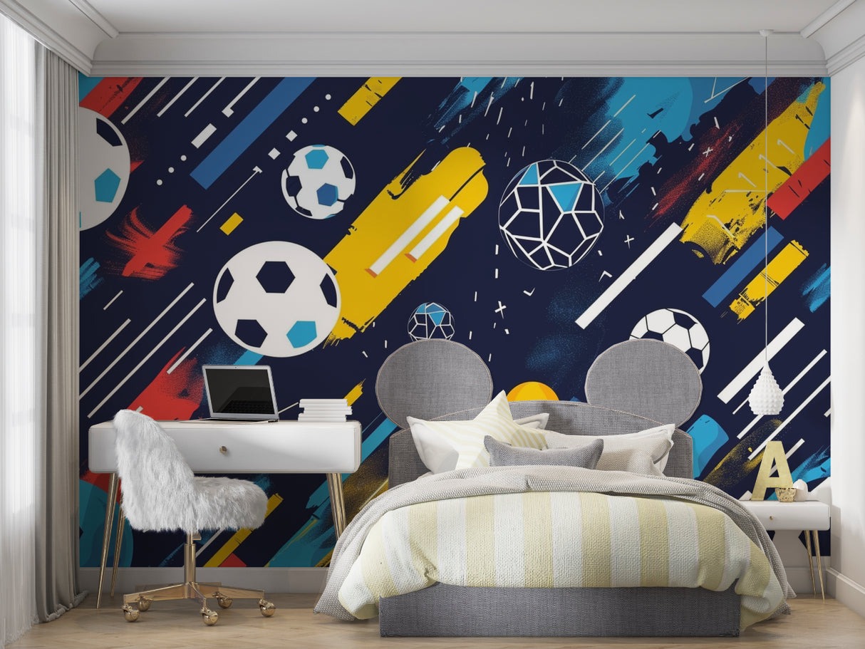 Football wall design showcased in urban style living room setting