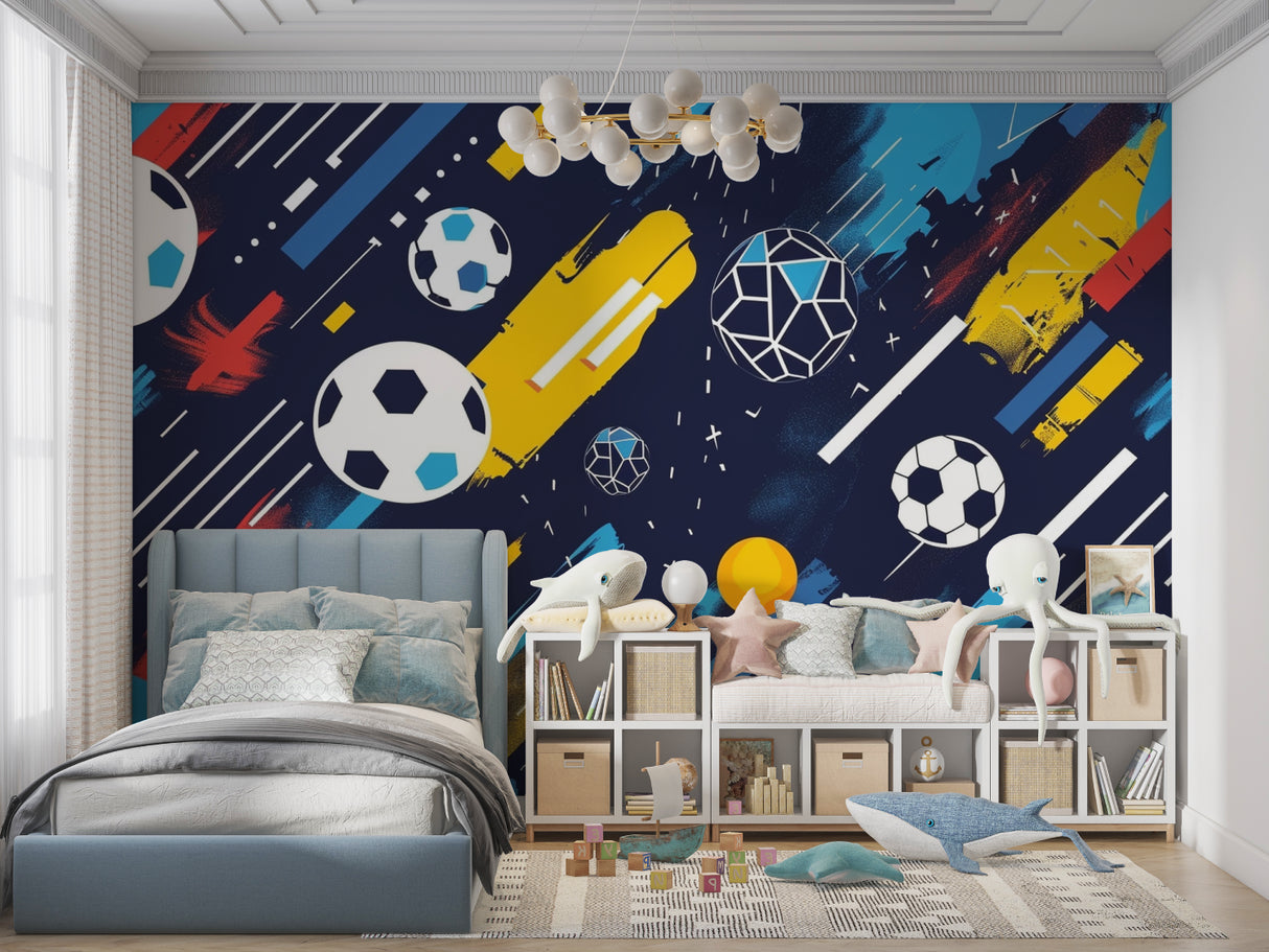 Dynamic sports mural installed in modern youth bedroom with minimalist furniture