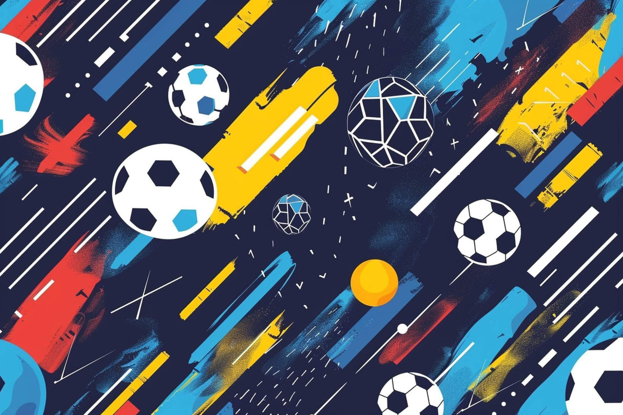 Design file showing navy football pattern with yellow geometric elements and white soccer balls