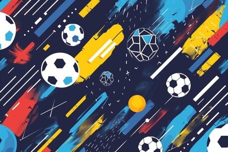 Design file showing navy football pattern with yellow geometric elements and white soccer balls