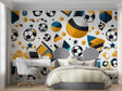 Football wallpaper in modern teen bedroom showing dynamic pattern with stars and geometric shapes