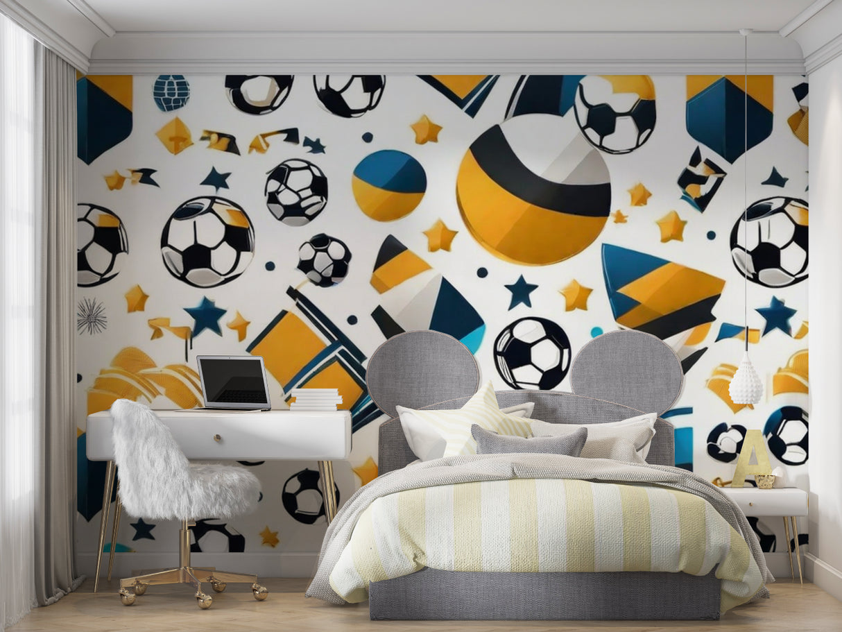 Football wallpaper in modern teen bedroom showing dynamic pattern with stars and geometric shapes