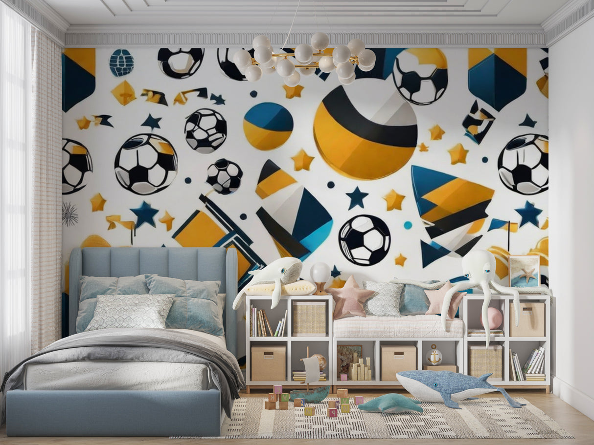 Soccer themed wall mural in playroom with navy and yellow geometric design