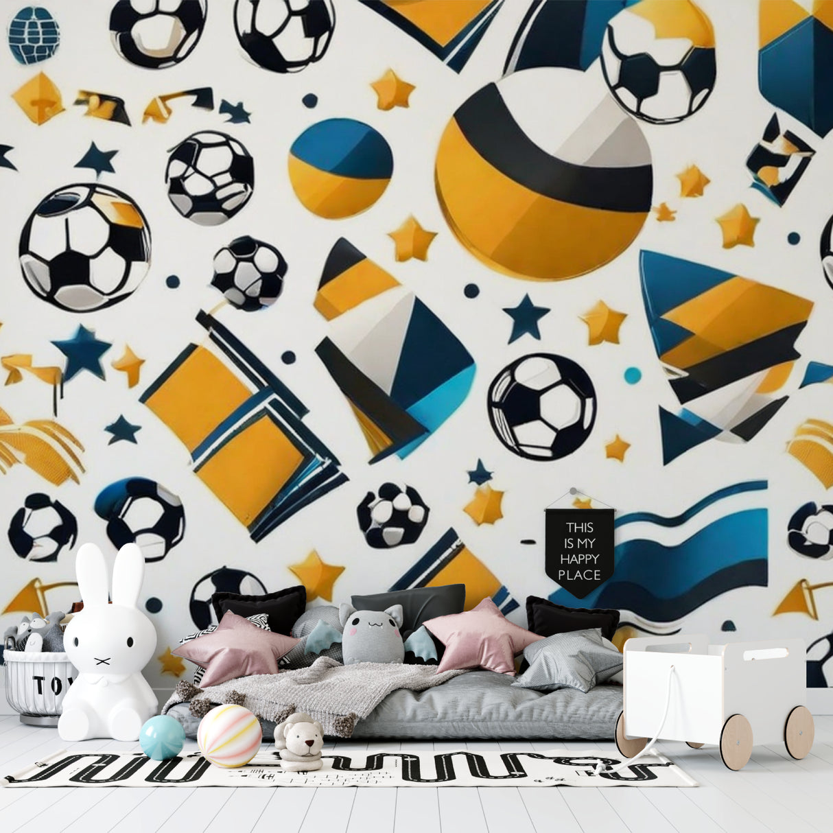 Sports wallpaper bringing energy to kids gaming room with football pattern