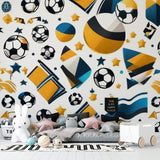 Sports wallpaper bringing energy to kids gaming room with football pattern