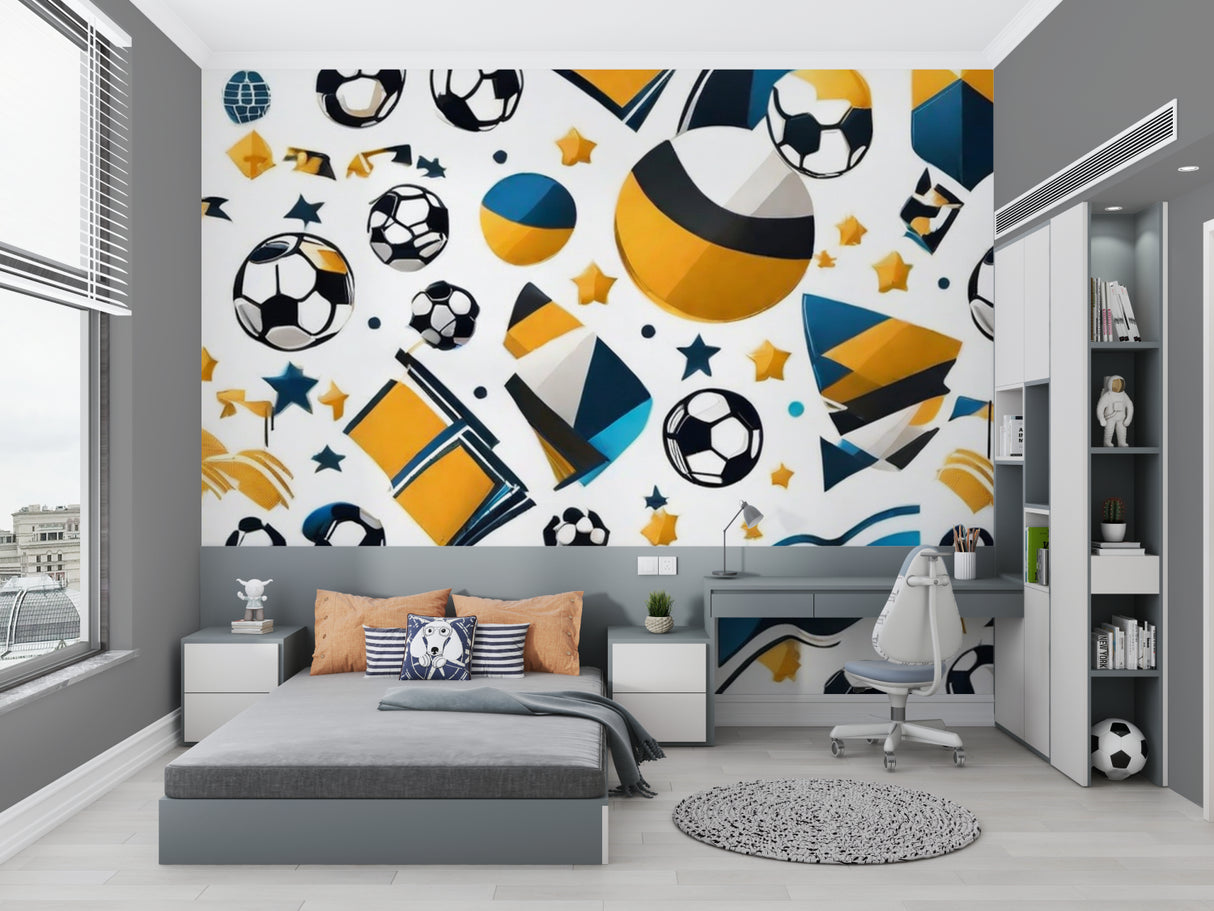 Football mural wallpaper displayed in home gym showing active design