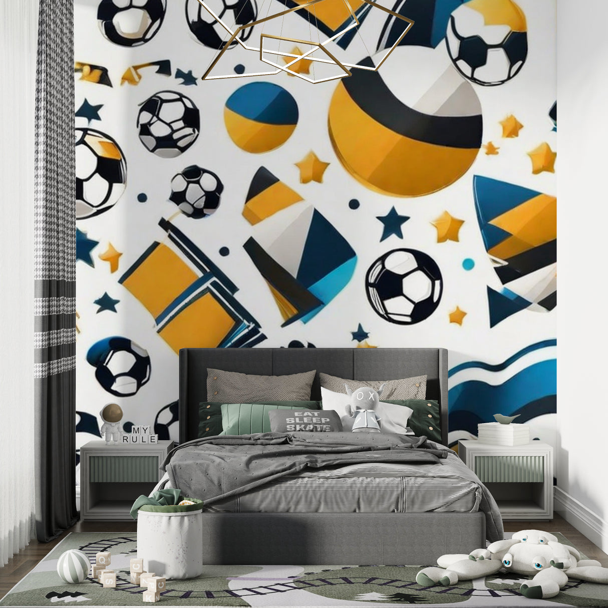 Soccer wall mural bringing modern style to recreation room