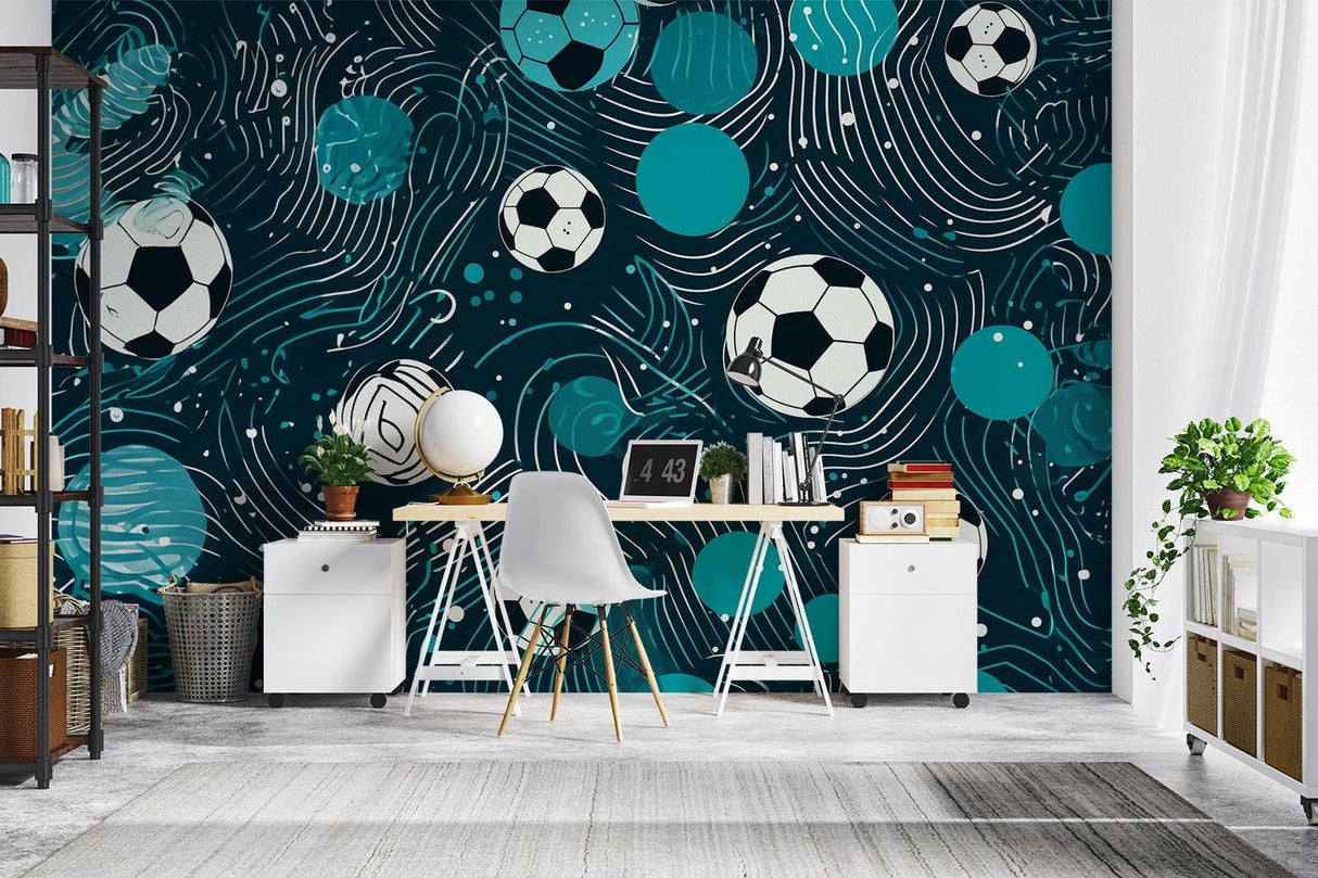 Football wallpaper mural creating sporty atmosphere in modern teen bedroom with gaming setup and blue accent lighting