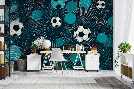 Football wallpaper mural creating sporty atmosphere in modern teen bedroom with gaming setup and blue accent lighting