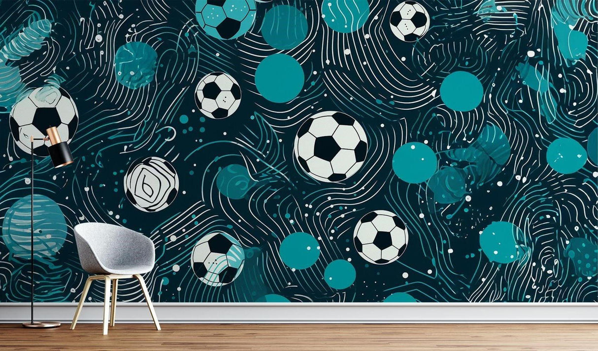 Dynamic football wallpaper bringing energy to game room with turquoise accents and contemporary furniture