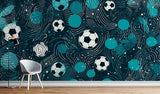 Dynamic football wallpaper bringing energy to game room with turquoise accents and contemporary furniture