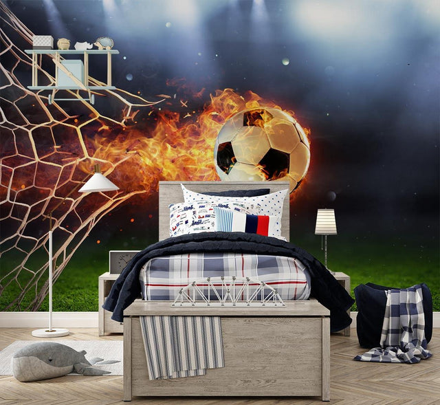 Football mural wallpaper bringing excitement to a modern teen bedroom, with gaming setup and LED lighting