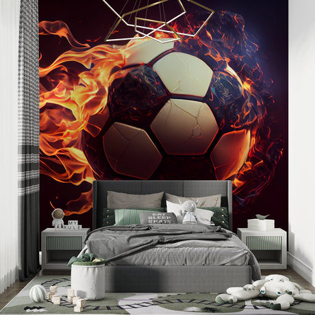 Football wall mural bringing life to a modern teen bedroom with flaming soccer ball design