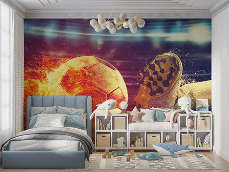 Soccer ball mural wallpaper bringing sports energy to modern teen bedroom with gaming setup
