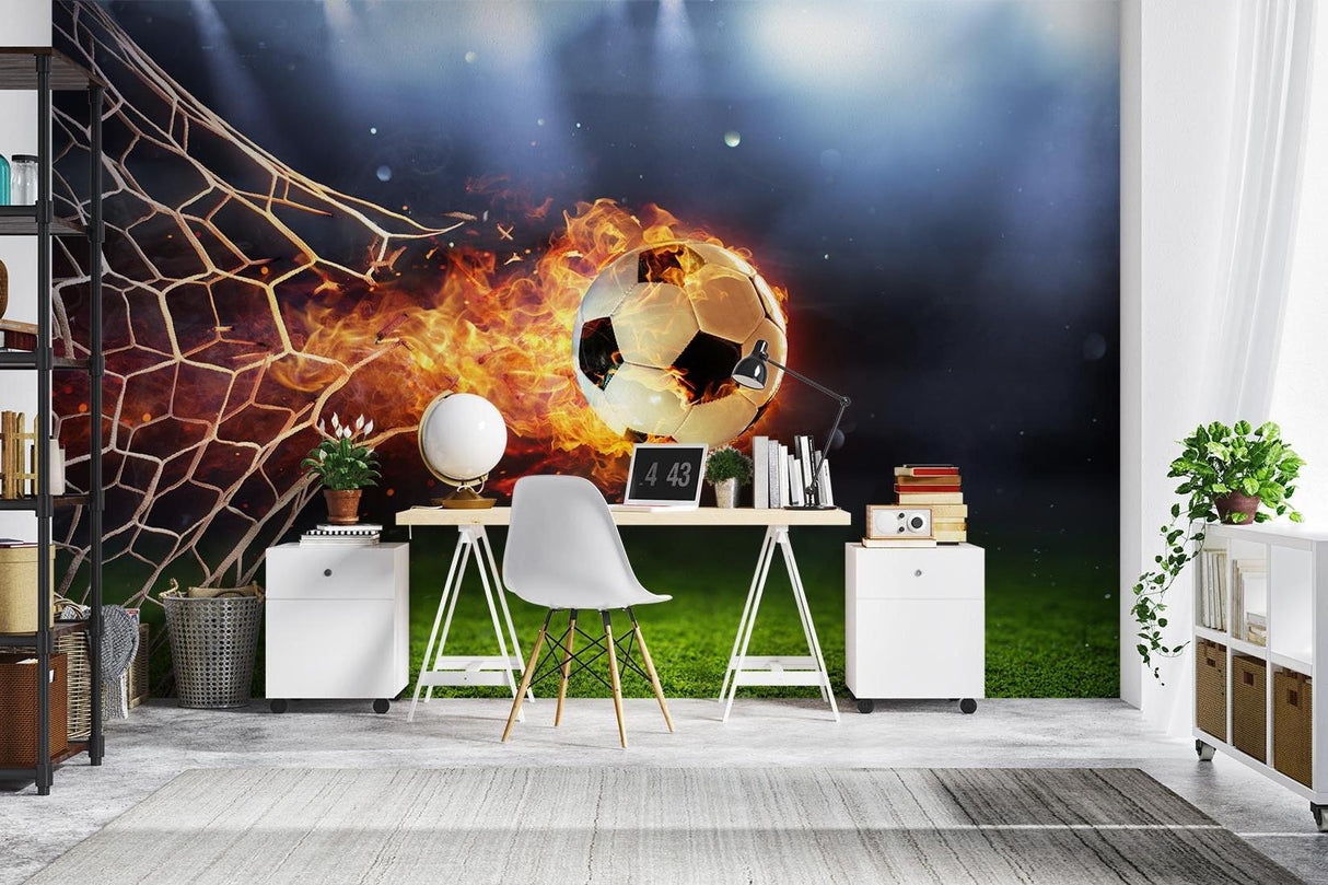 Soccer wall mural installed in a sports bar setting, creating dynamic atmosphere with ambient lighting