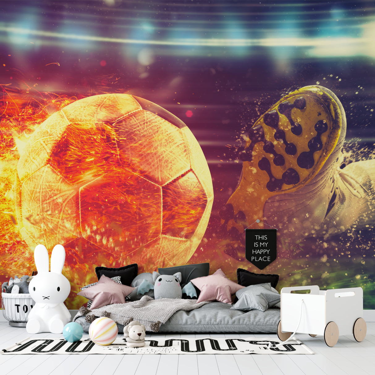 Football themed wallpaper transforming game room with dramatic flame effects