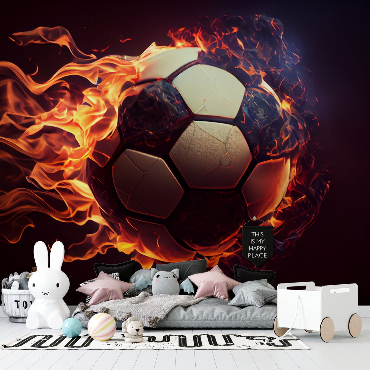 Sports themed wallpaper in a game room showing flaming soccer ball effect
