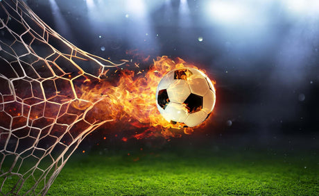 Football wallpaper design file showing detailed flaming soccer ball pattern with goal net background